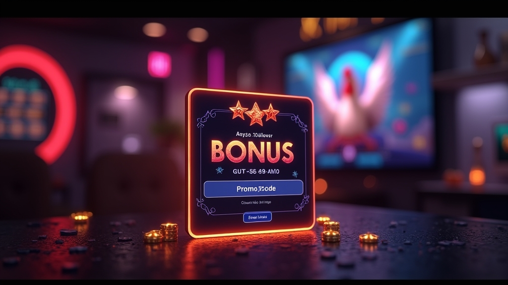 Pantalla de bono con código promocional y fondo de casino oscuro