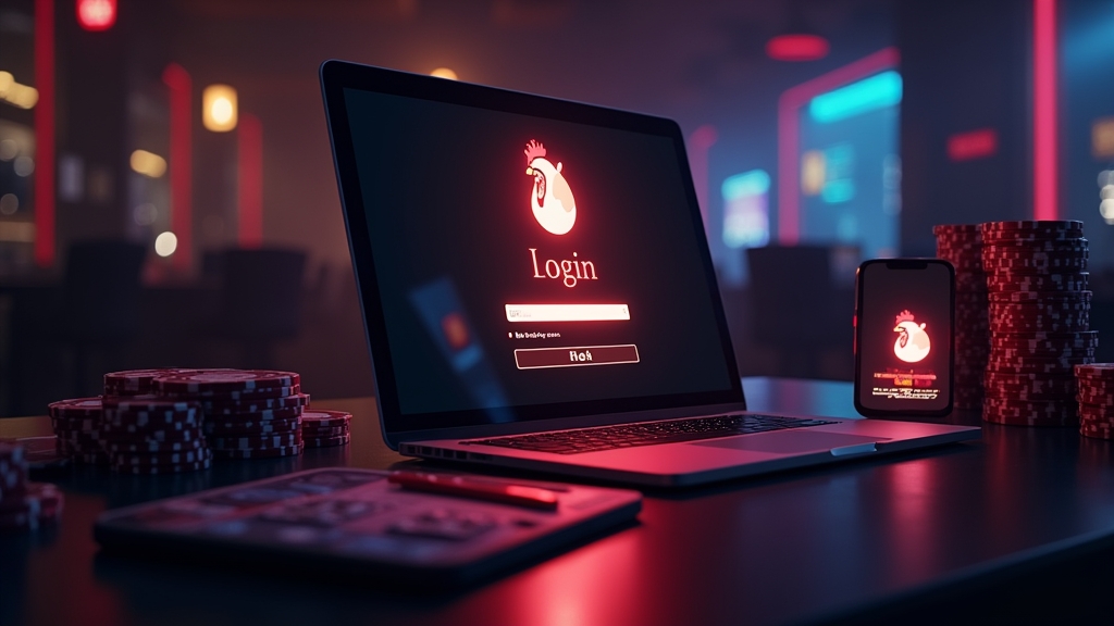 Pantalla de inicio de sesión en móvil y portátil con ambiente de casino oscuro