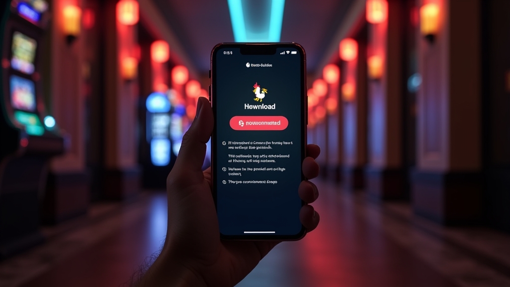 Usuario revisando la descarga de la app en un móvil dentro de un casino oscuro