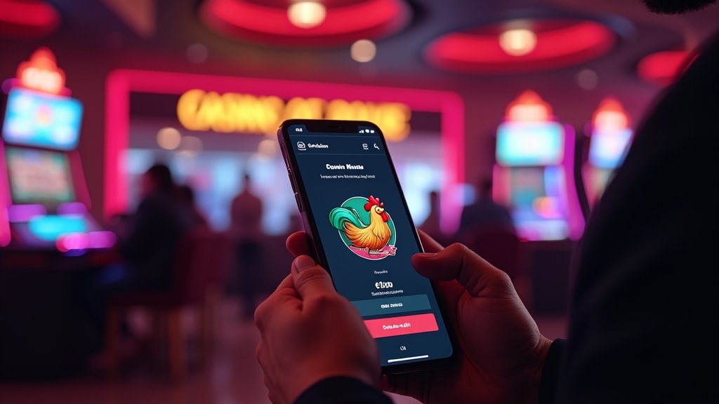 Principiante usando la app de Chicken Road en un entorno de casino con luces neón