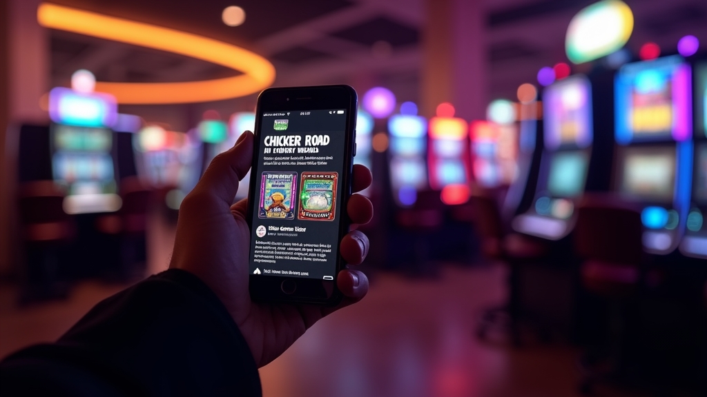 Móvil con una interfaz de app de Chicken Road en un entorno de casino oscuro