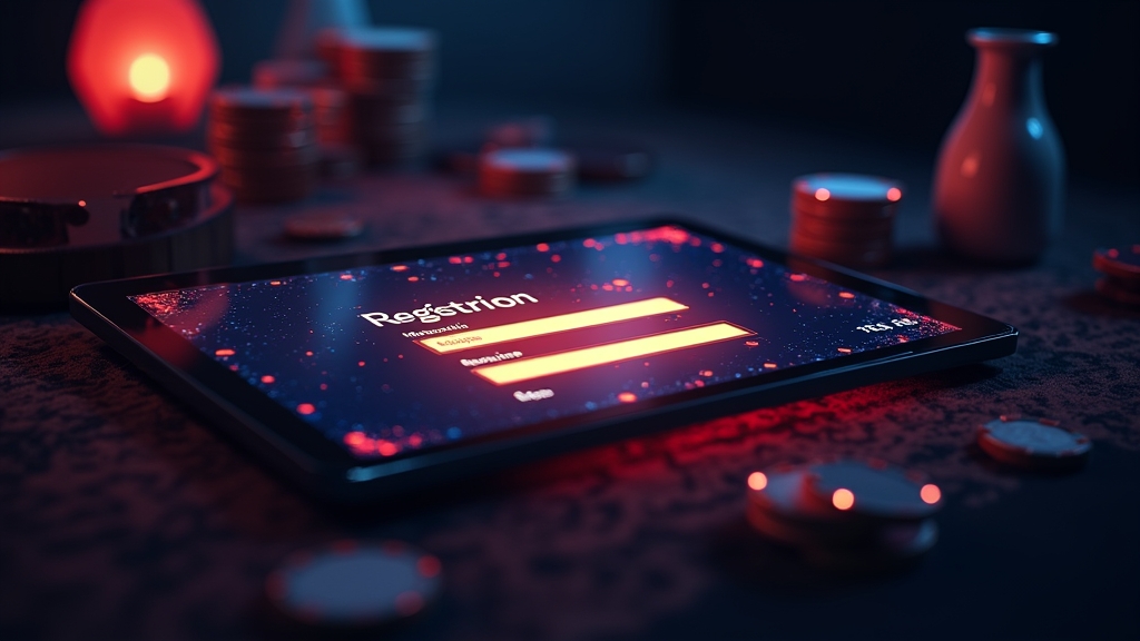 Formulario de registro iluminado en una tablet con ambiente de casino oscuro